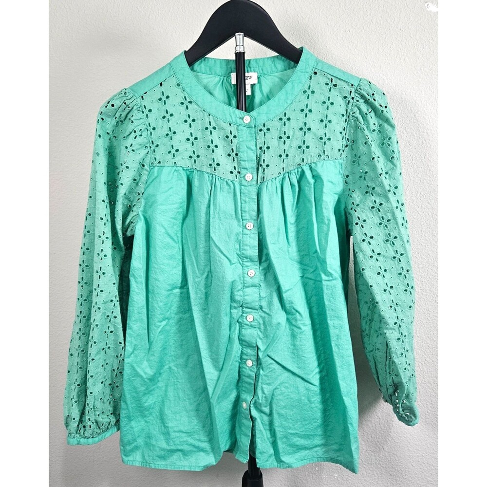 J.Crew Eyelet Blouse Womens Small Aqua Green Cotton Button Front Puff Sleeve Top